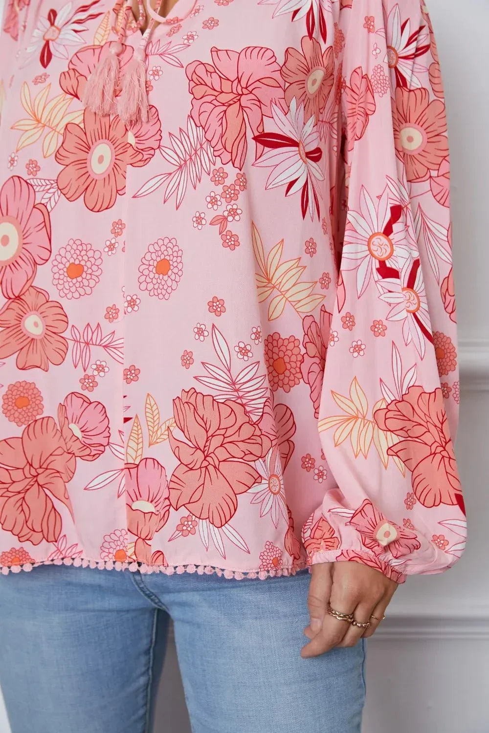 Floral Smocked Tassel Tie Balloon Sleeve Blouse - VILLA FASHION