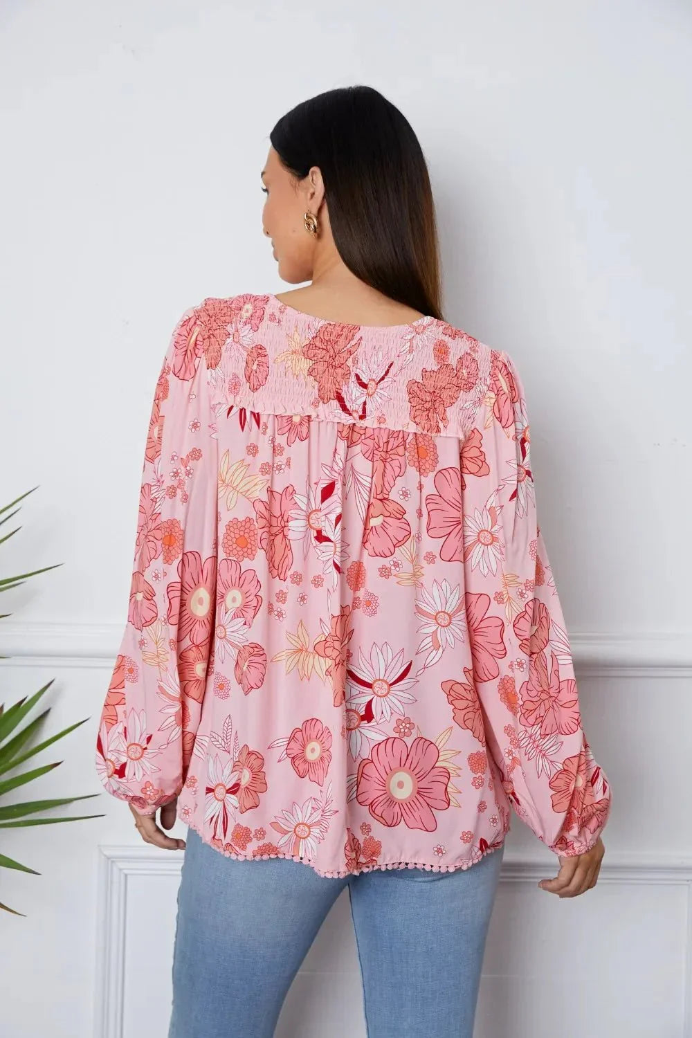 Floral Smocked Tassel Tie Balloon Sleeve Blouse - VILLA FASHION