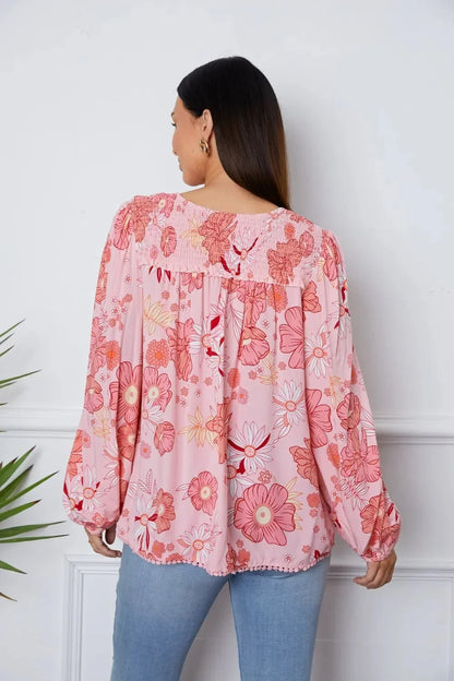 Floral Smocked Tassel Tie Balloon Sleeve Blouse - VILLA FASHION