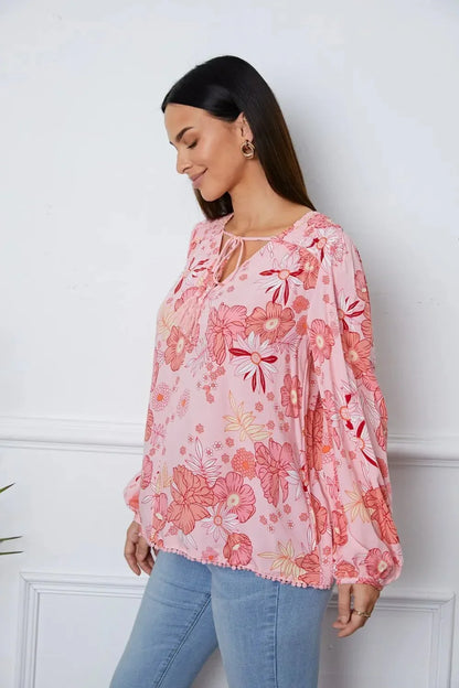 Floral Smocked Tassel Tie Balloon Sleeve Blouse - VILLA FASHION