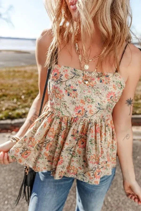 Floral Spaghetti Strap Peplum Cami - VILLA FASHION