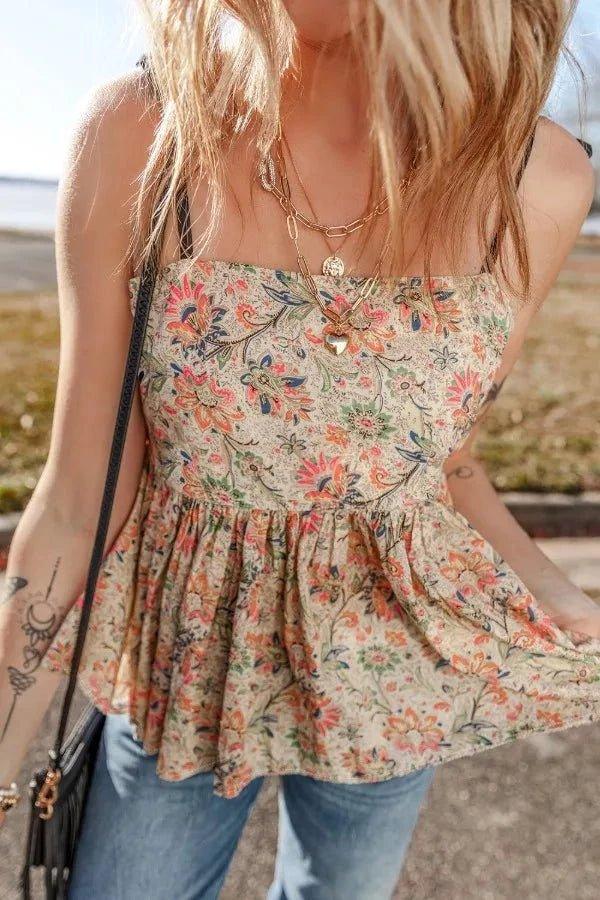 Floral Spaghetti Strap Peplum Cami - VILLA FASHION