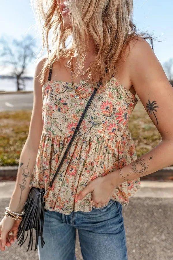 Floral Spaghetti Strap Peplum Cami - VILLA FASHION