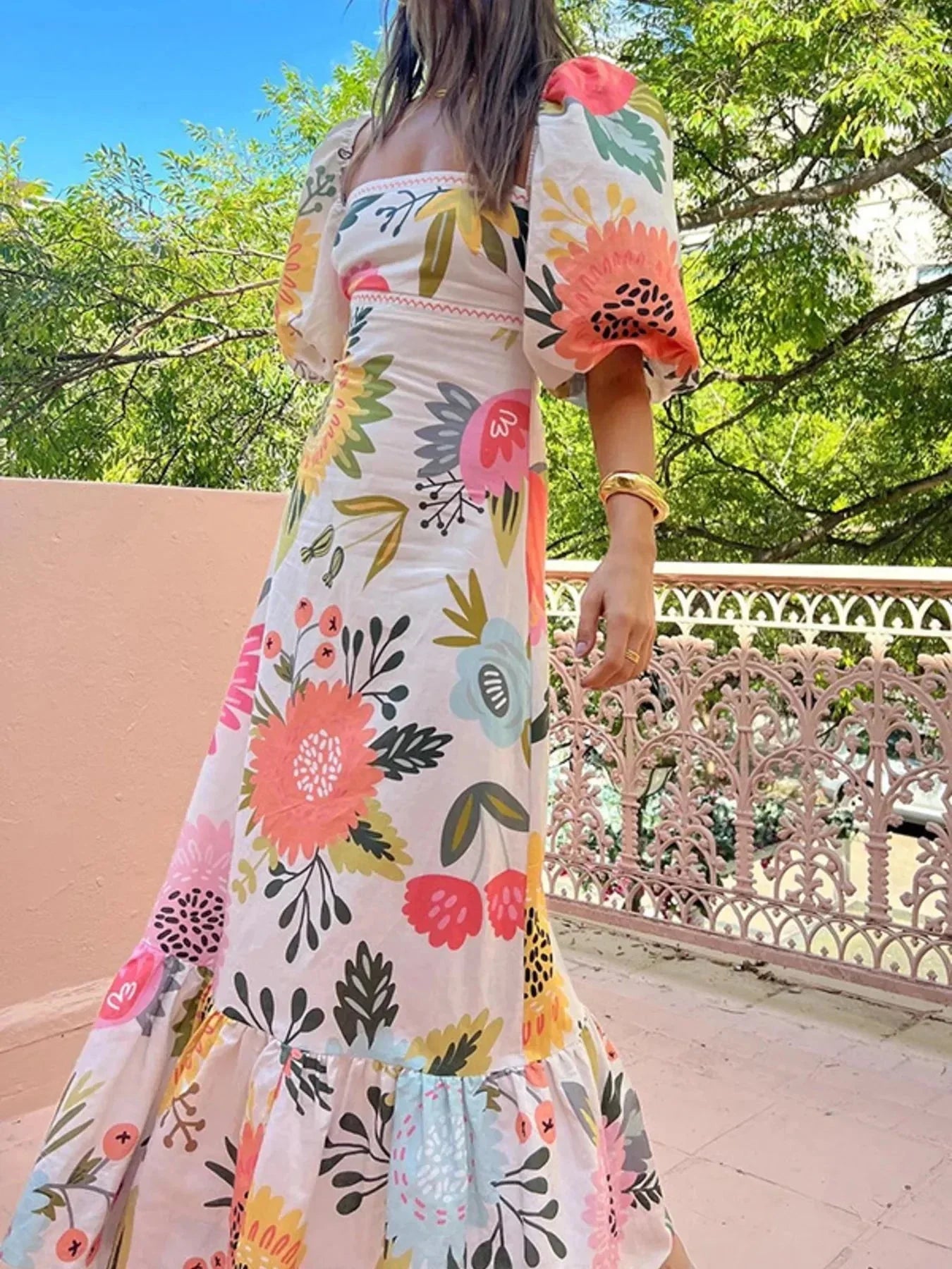 Floral Square Neck Puff Sleeve Maxi Dress with Ruffle Hem - VILLA FASHION