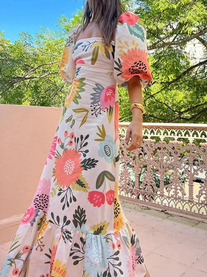 Floral Square Neck Puff Sleeve Maxi Dress with Ruffle Hem - VILLA FASHION