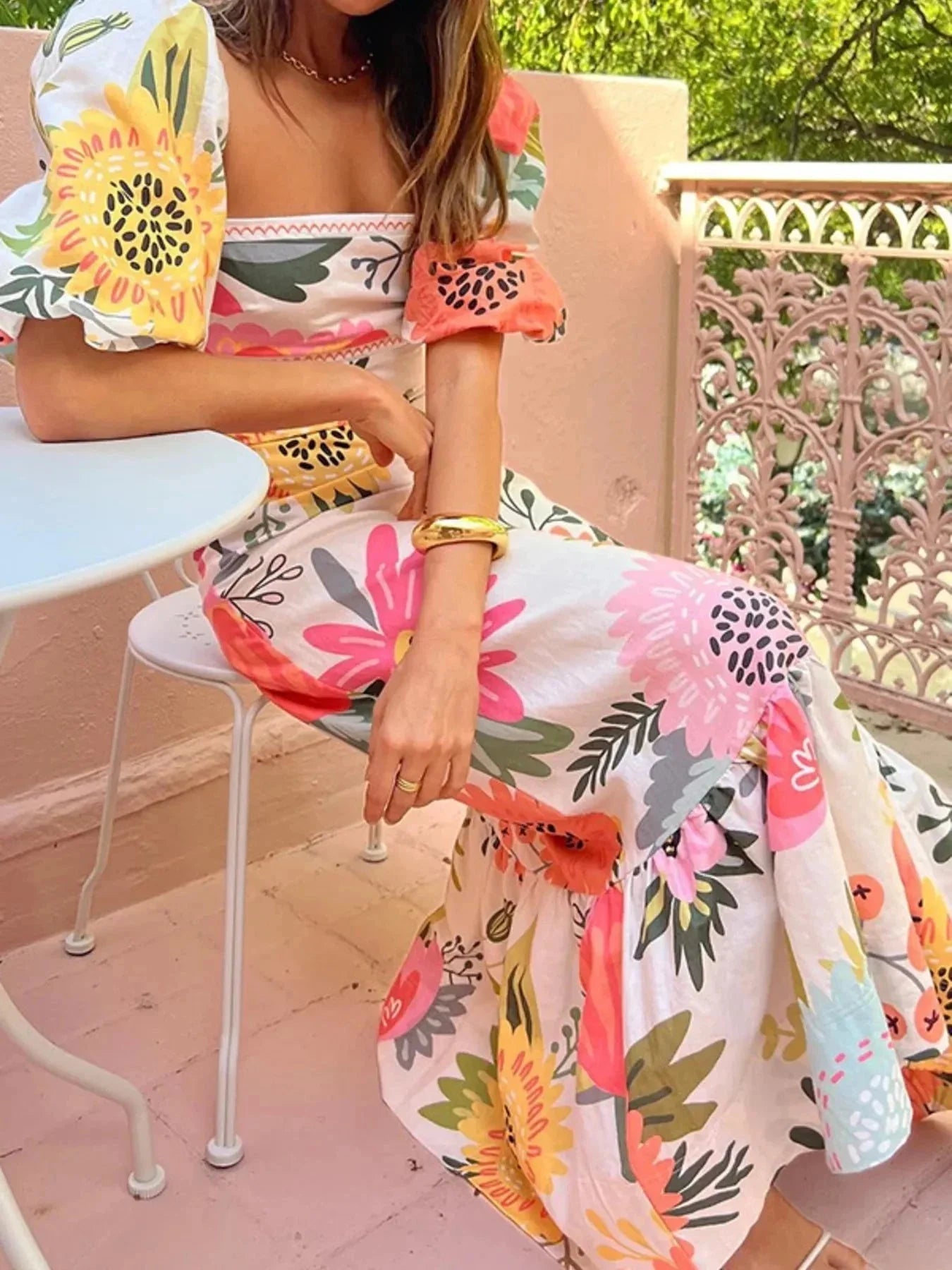 Floral Square Neck Puff Sleeve Maxi Dress with Ruffle Hem - VILLA FASHION