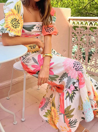 Floral Square Neck Puff Sleeve Maxi Dress with Ruffle Hem - VILLA FASHION