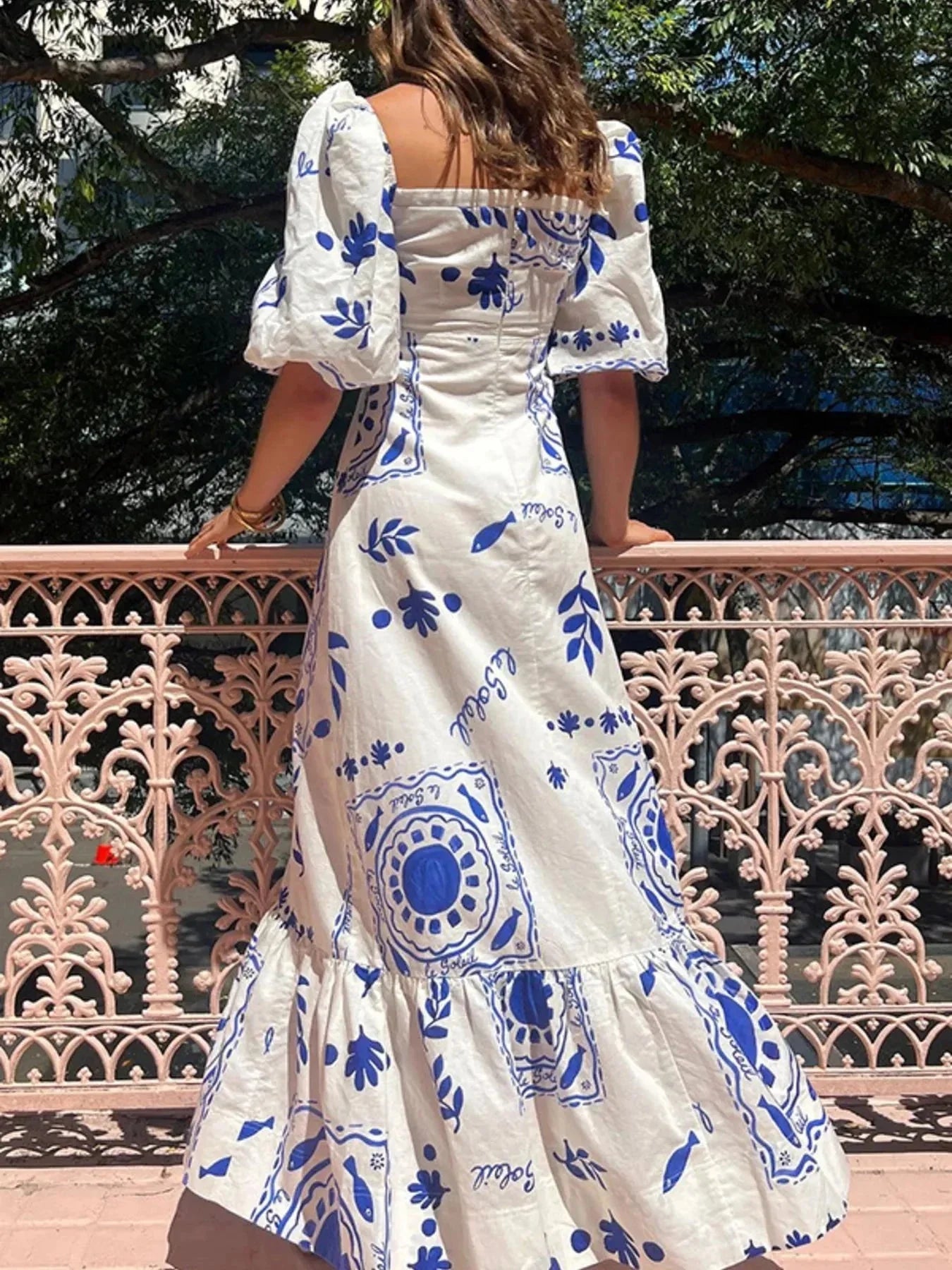 Floral Square Neck Puff Sleeve Maxi Dress with Ruffle Hem - VILLA FASHION