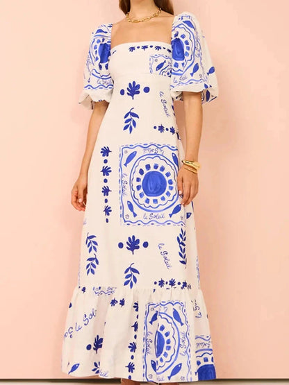 Floral Square Neck Puff Sleeve Maxi Dress with Ruffle Hem - VILLA FASHION
