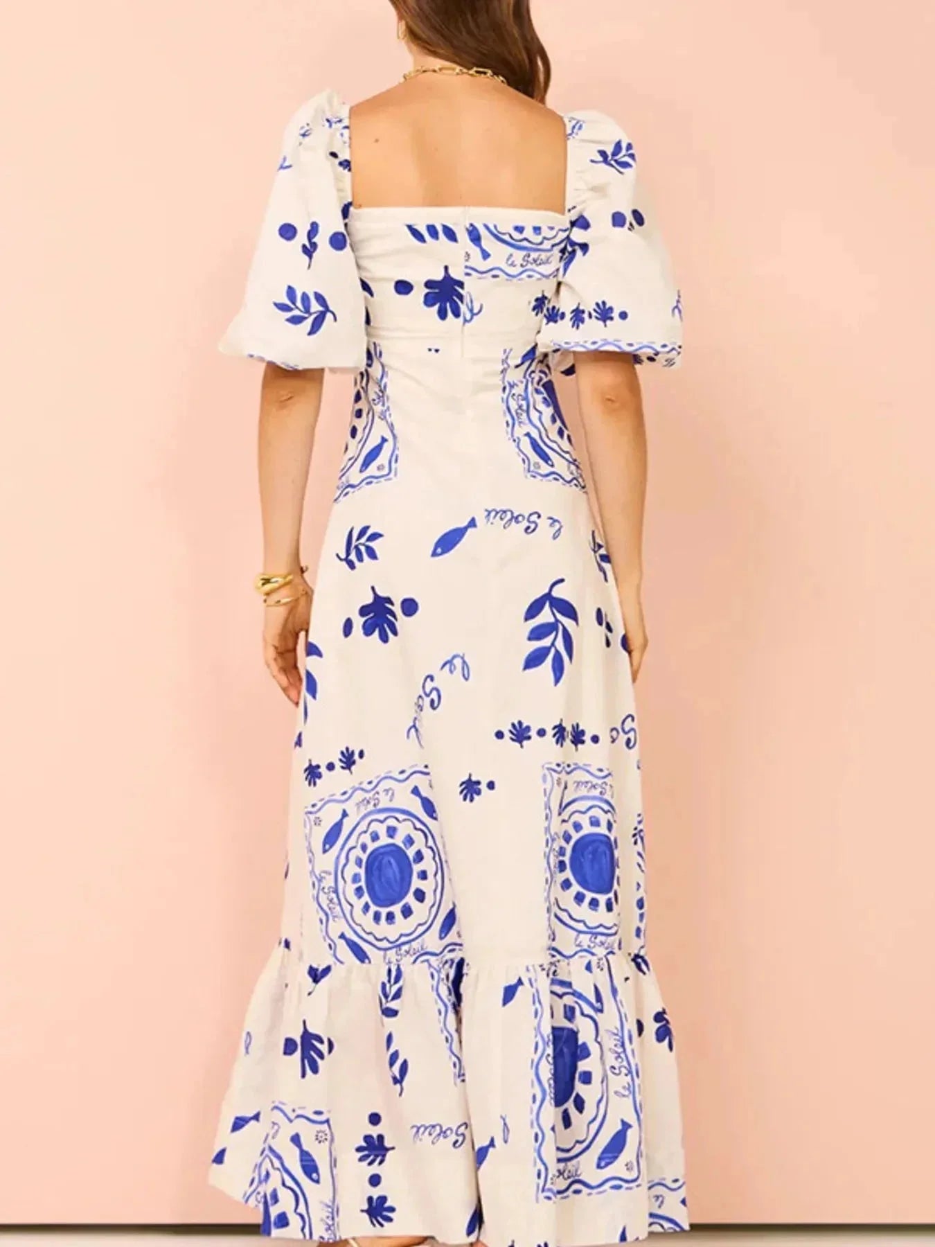 Floral Square Neck Puff Sleeve Maxi Dress with Ruffle Hem - VILLA FASHION