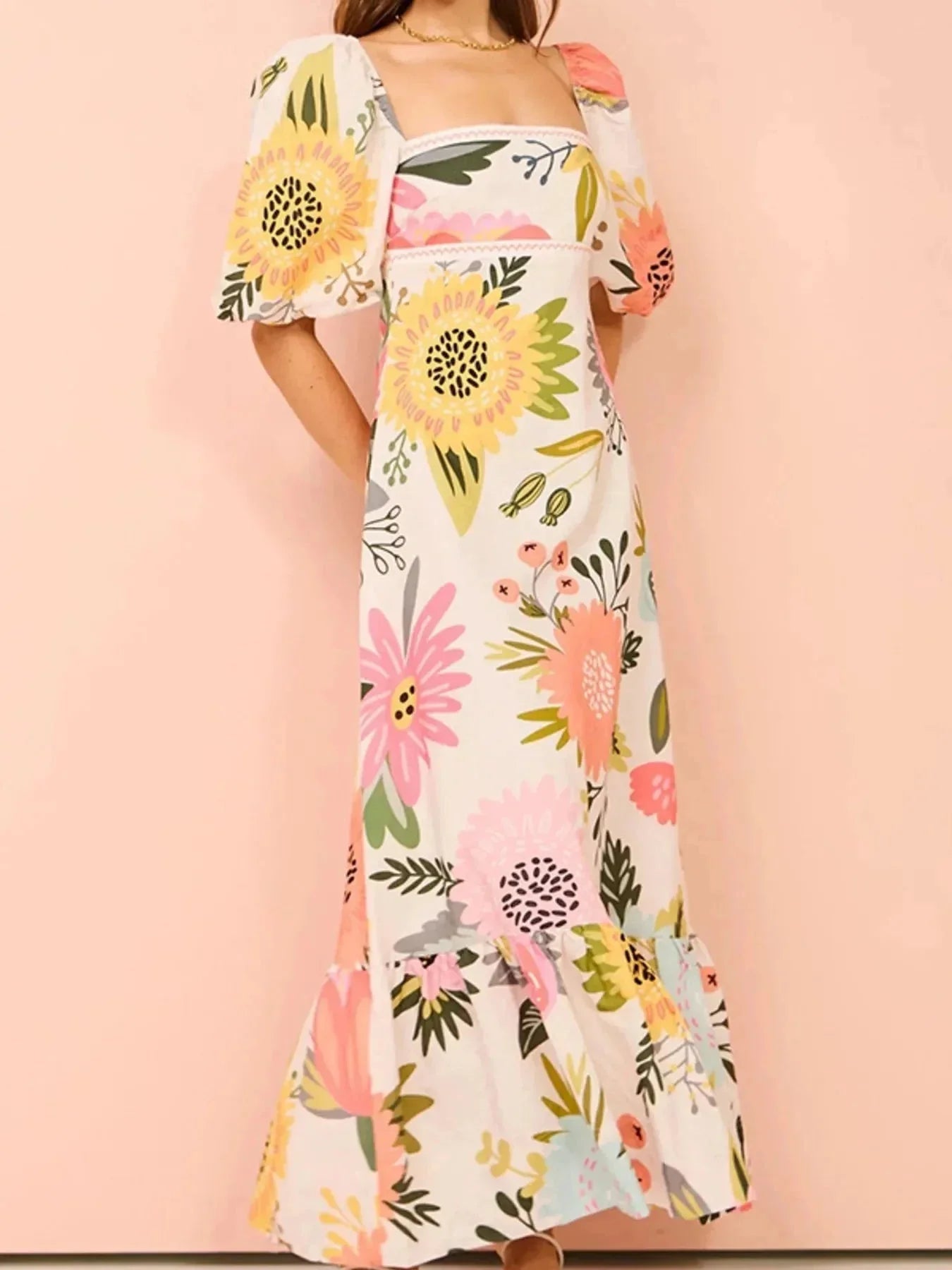 Floral Square Neck Puff Sleeve Maxi Dress with Ruffle Hem - VILLA FASHION