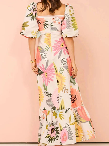 Floral Square Neck Puff Sleeve Maxi Dress with Ruffle Hem - VILLA FASHION