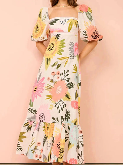Floral Square Neck Puff Sleeve Maxi Dress with Ruffle Hem - VILLA FASHION