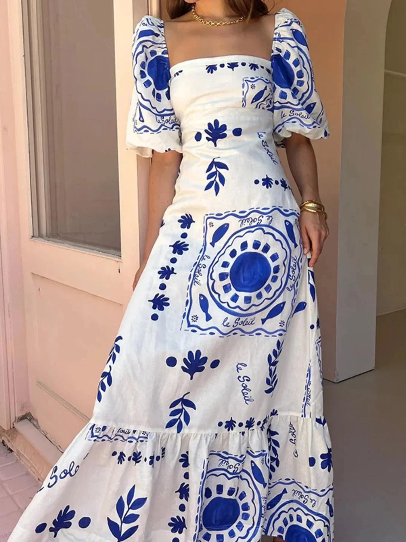 Floral Square Neck Puff Sleeve Maxi Dress with Ruffle Hem - VILLA FASHION