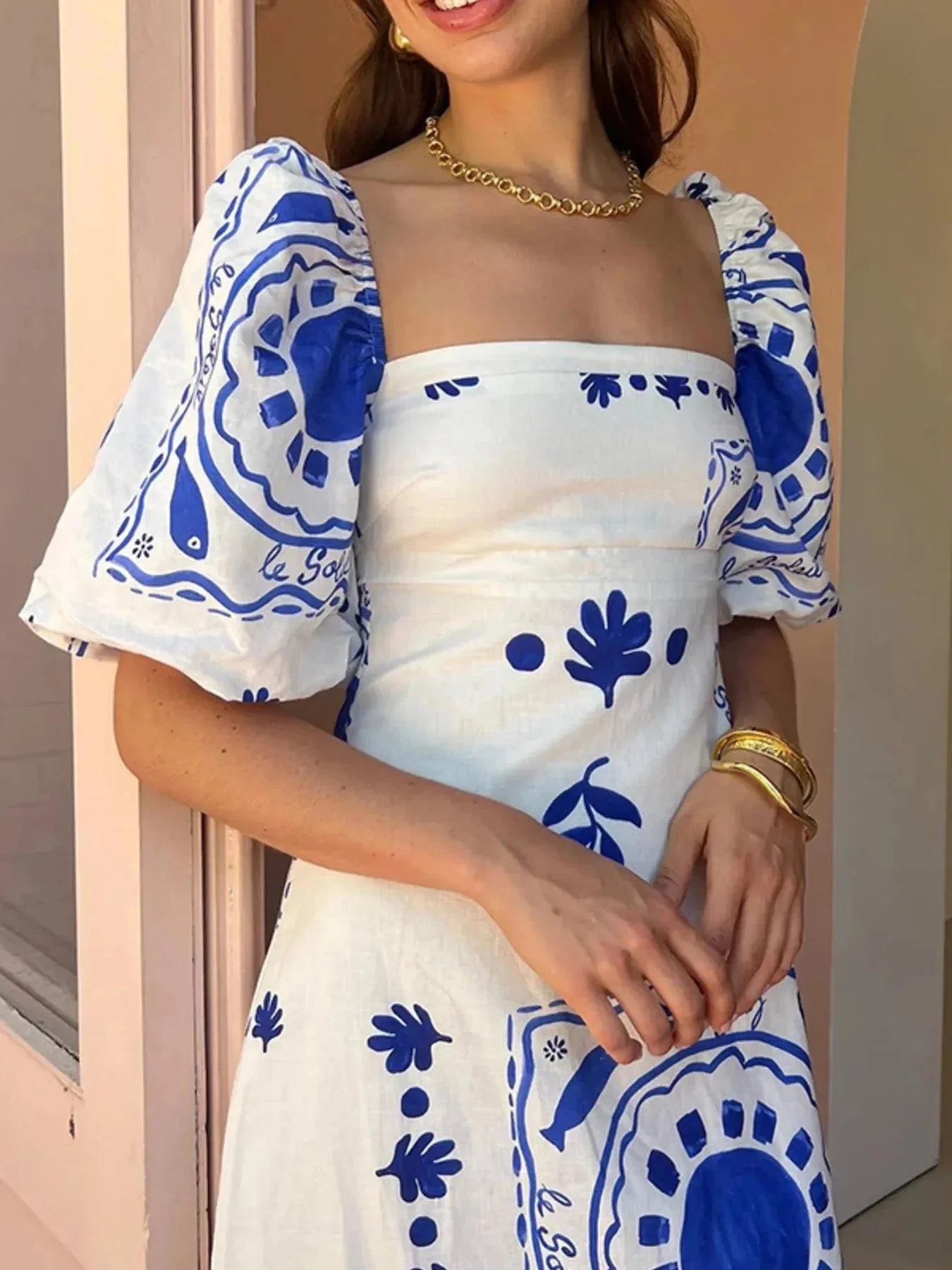 Floral Square Neck Puff Sleeve Maxi Dress with Ruffle Hem - VILLA FASHION