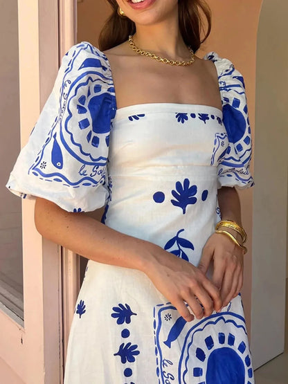 Floral Square Neck Puff Sleeve Maxi Dress with Ruffle Hem - VILLA FASHION