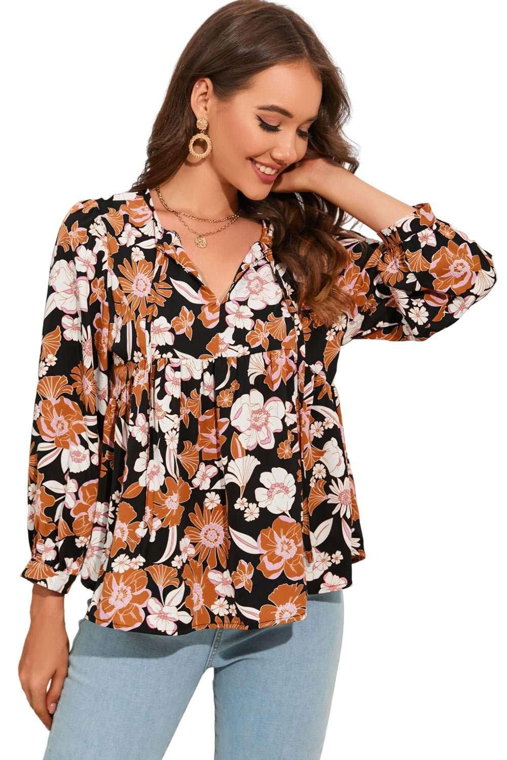 Floral Tie Neck Babydoll Blouse - VILLA FASHION