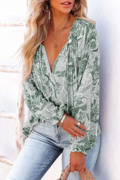 Floral Tie Neck Flounce Sleeve Blouse - VILLA FASHION