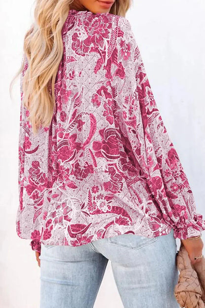 Floral Tie Neck Flounce Sleeve Blouse - VILLA FASHION