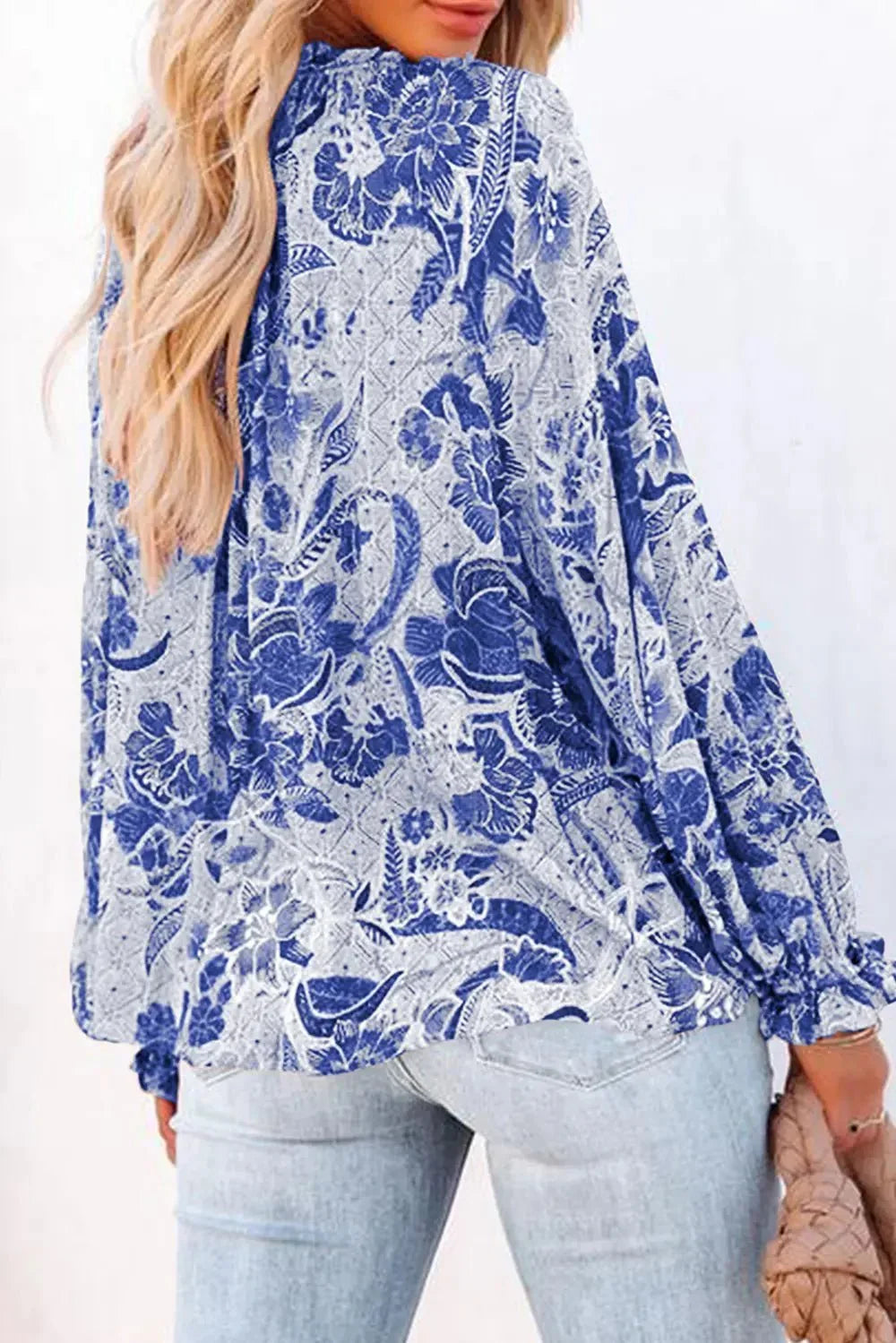 Floral Tie Neck Flounce Sleeve Blouse - VILLA FASHION