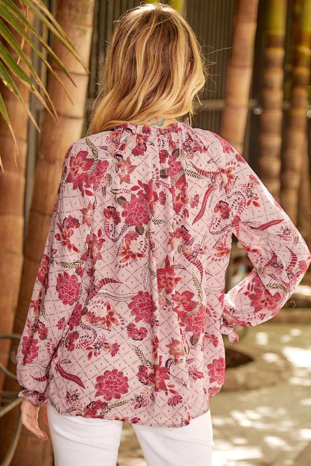 Floral Tie Neck Flounce Sleeve Blouse - VILLA FASHION
