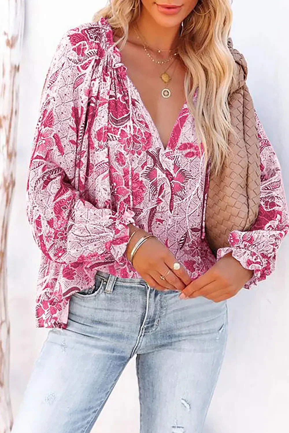 Floral Tie Neck Flounce Sleeve Blouse - VILLA FASHION