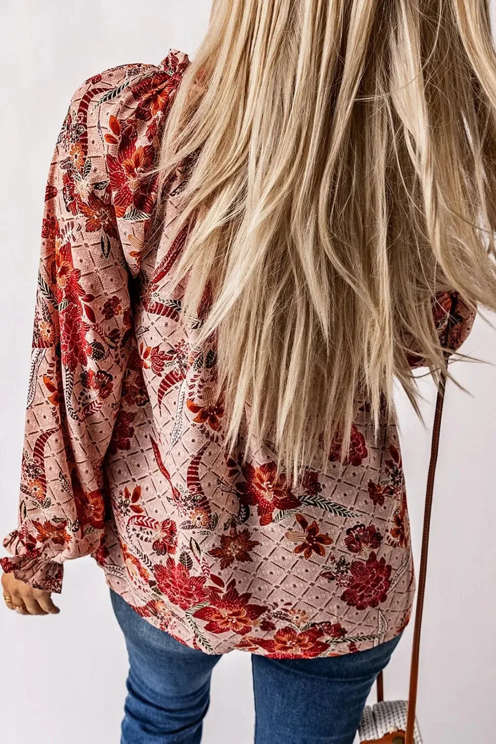 Floral Tie Neck Flounce Sleeve Blouse - VILLA FASHION
