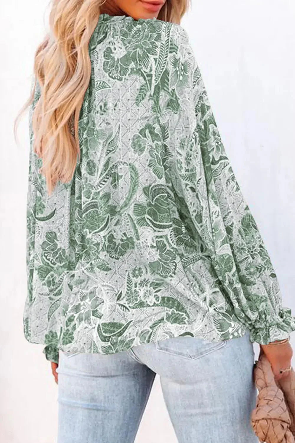 Floral Tie Neck Flounce Sleeve Blouse - VILLA FASHION