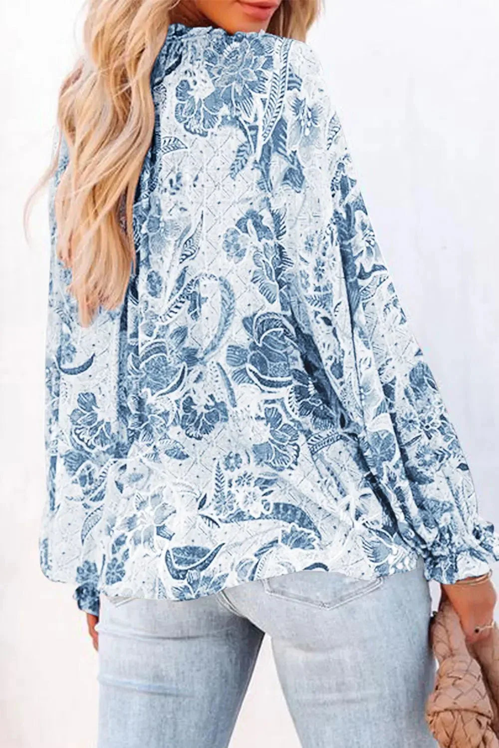Floral Tie Neck Flounce Sleeve Blouse - VILLA FASHION