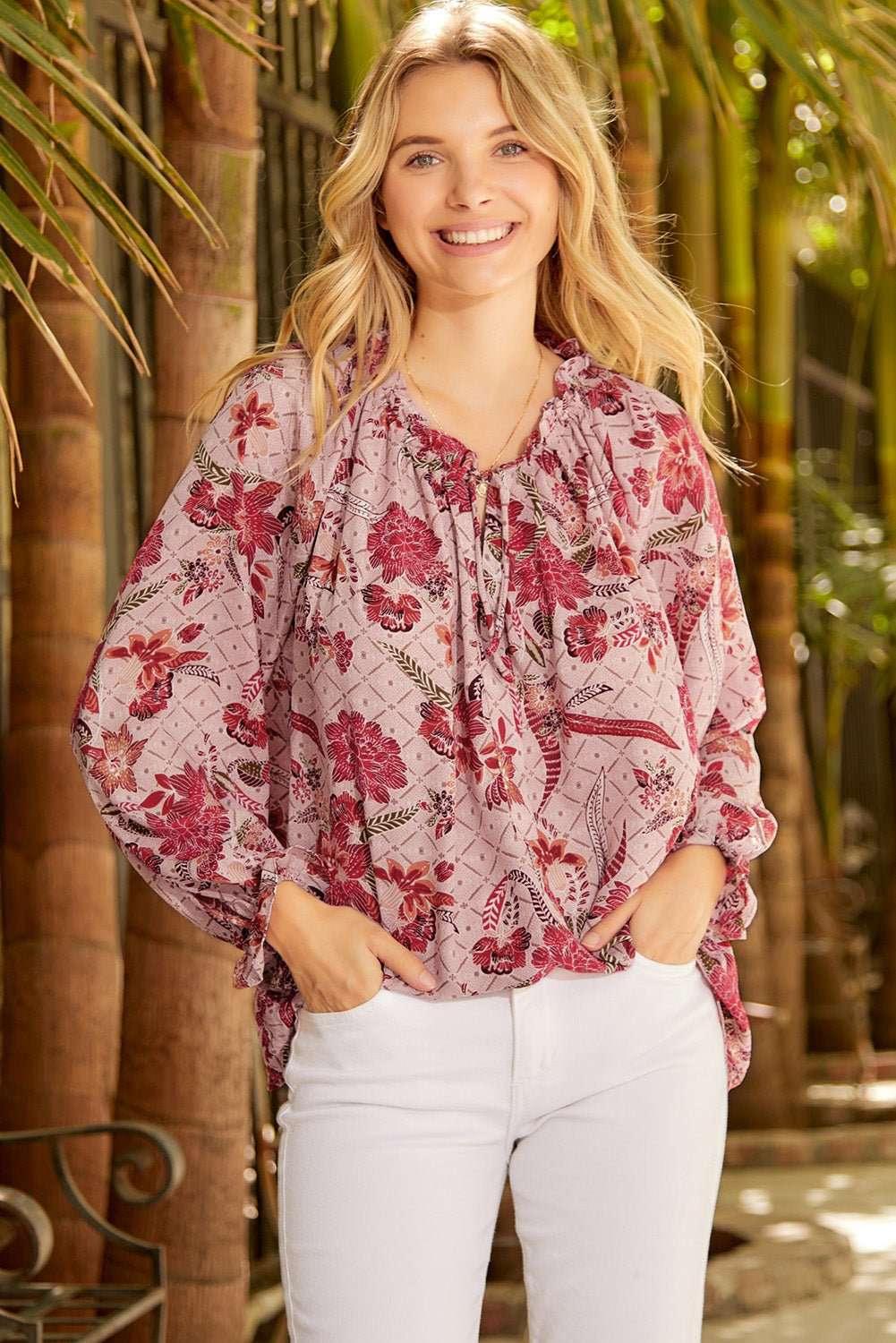 Floral Tie Neck Flounce Sleeve Blouse - VILLA FASHION