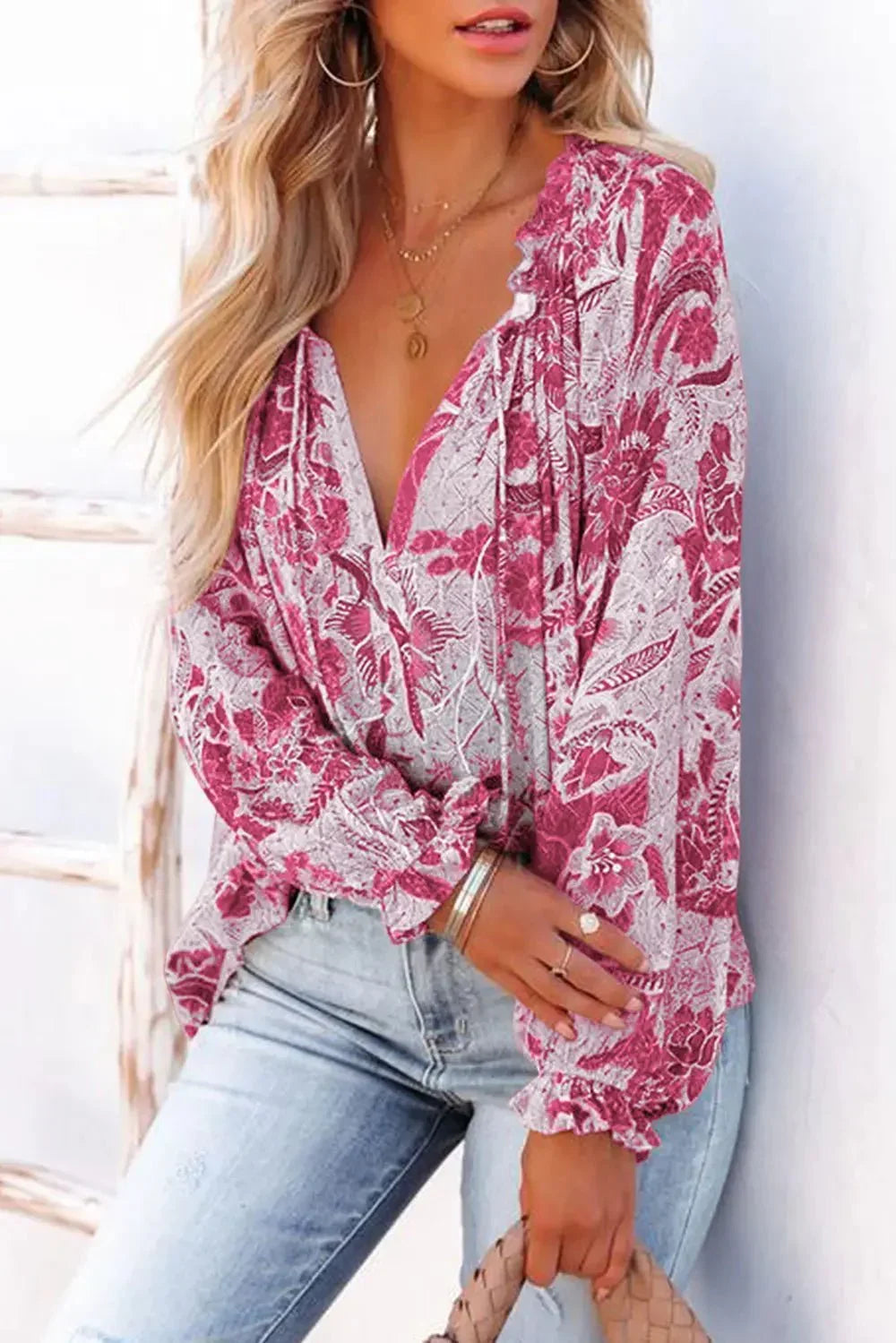 Floral Tie Neck Flounce Sleeve Blouse - VILLA FASHION