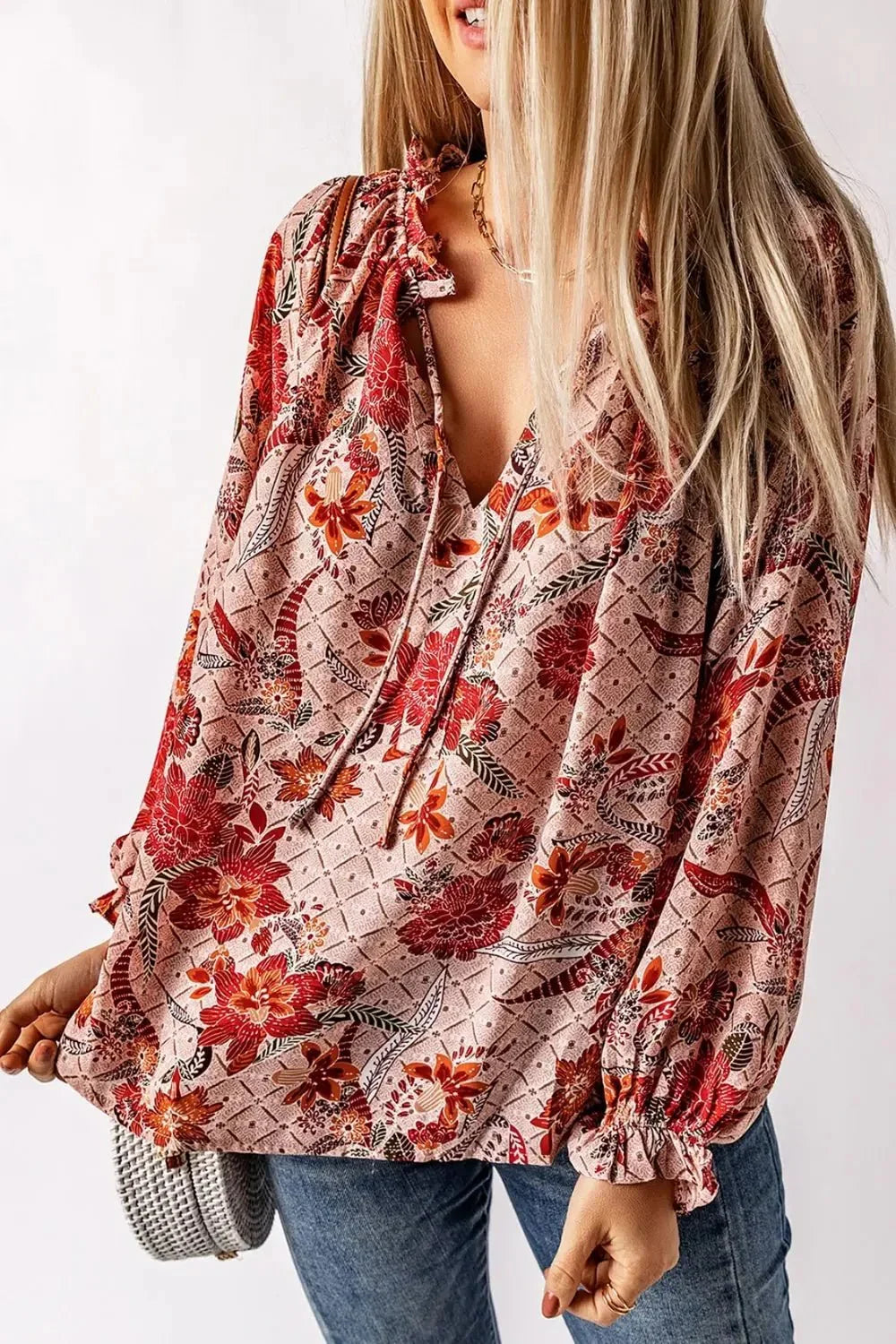 Floral Tie Neck Flounce Sleeve Blouse - VILLA FASHION