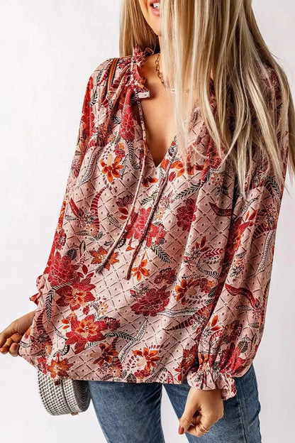 Floral Tie Neck Flounce Sleeve Blouse - VILLA FASHION