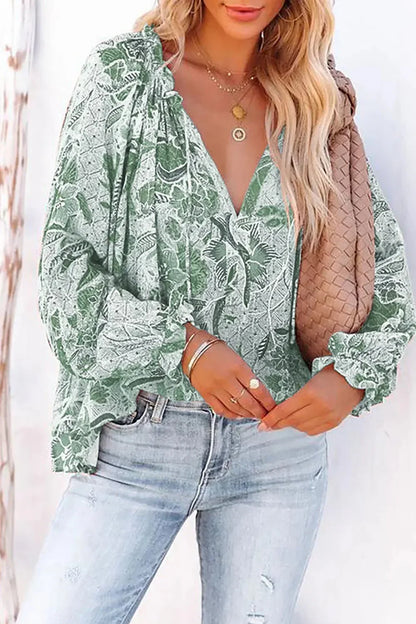 Floral Tie Neck Flounce Sleeve Blouse - VILLA FASHION