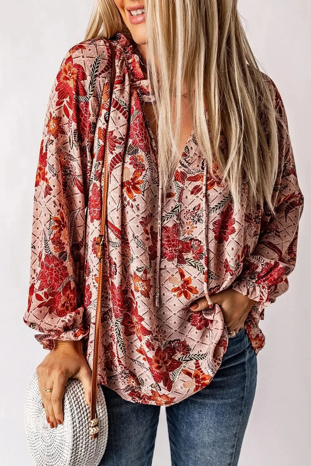 Floral Tie Neck Flounce Sleeve Blouse - VILLA FASHION