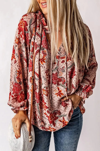 Floral Tie Neck Flounce Sleeve Blouse - VILLA FASHION