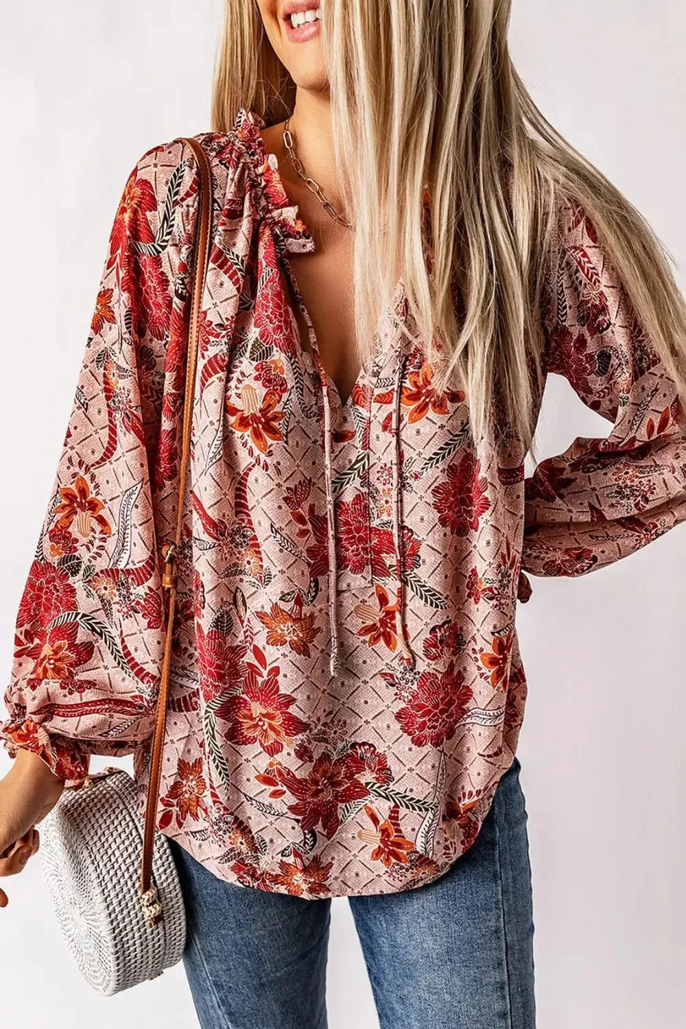 Floral Tie Neck Flounce Sleeve Blouse - VILLA FASHION
