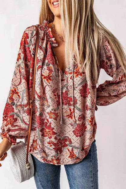 Floral Tie Neck Flounce Sleeve Blouse - VILLA FASHION