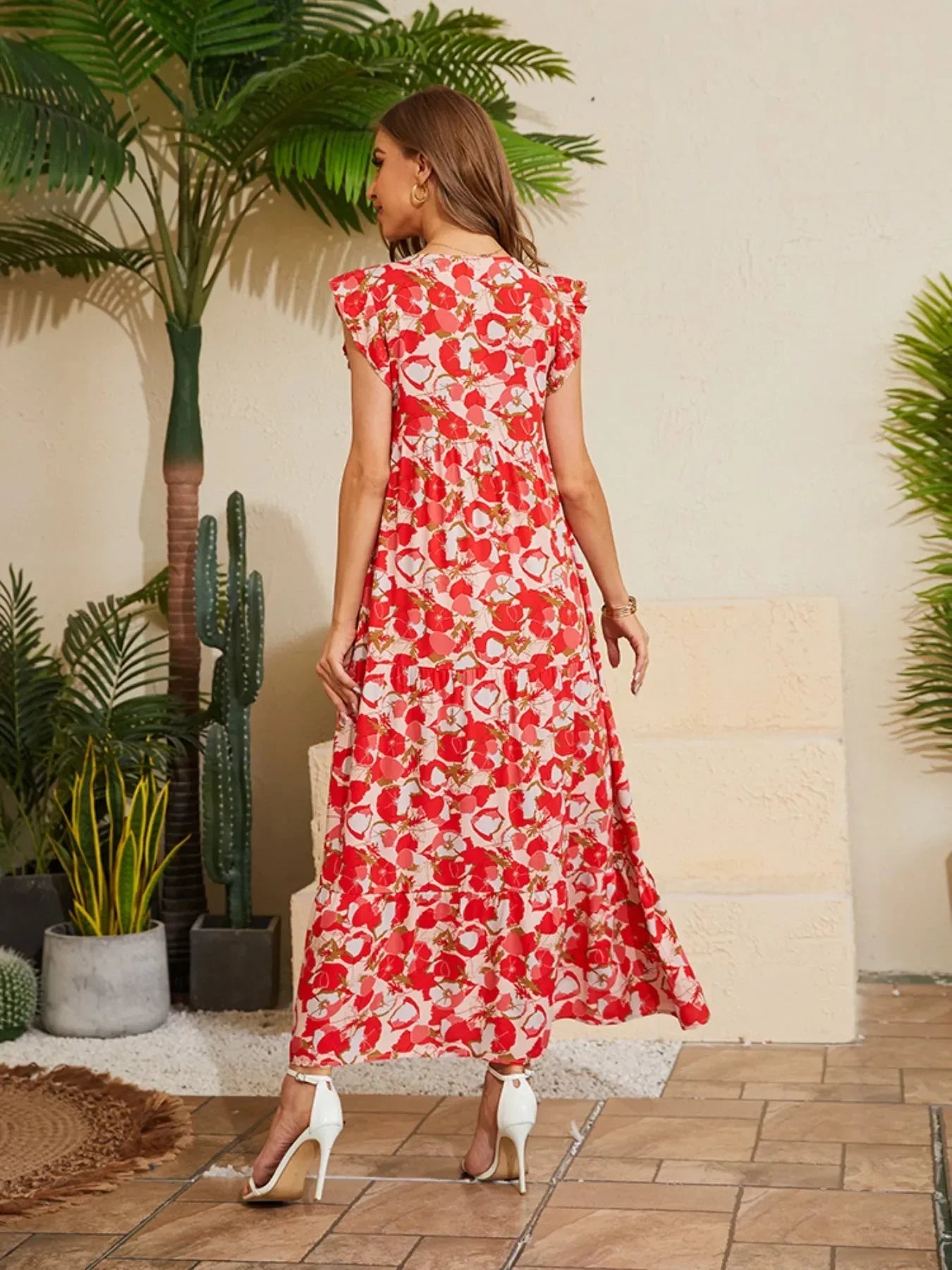 Floral V - Neck Cap Sleeve Summer Dress - VILLA FASHION