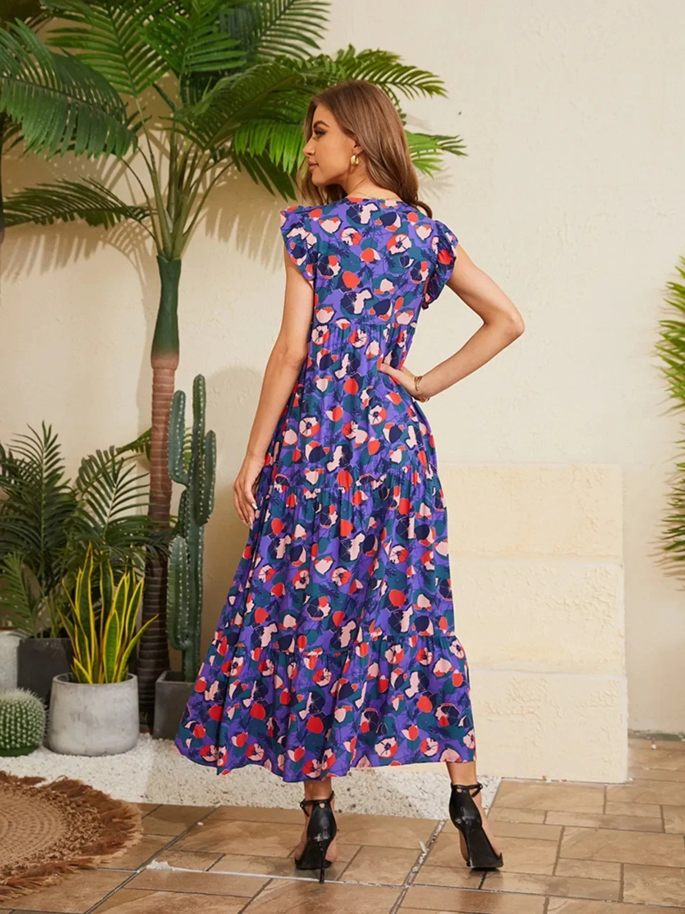 Floral V - Neck Cap Sleeve Summer Dress - VILLA FASHION
