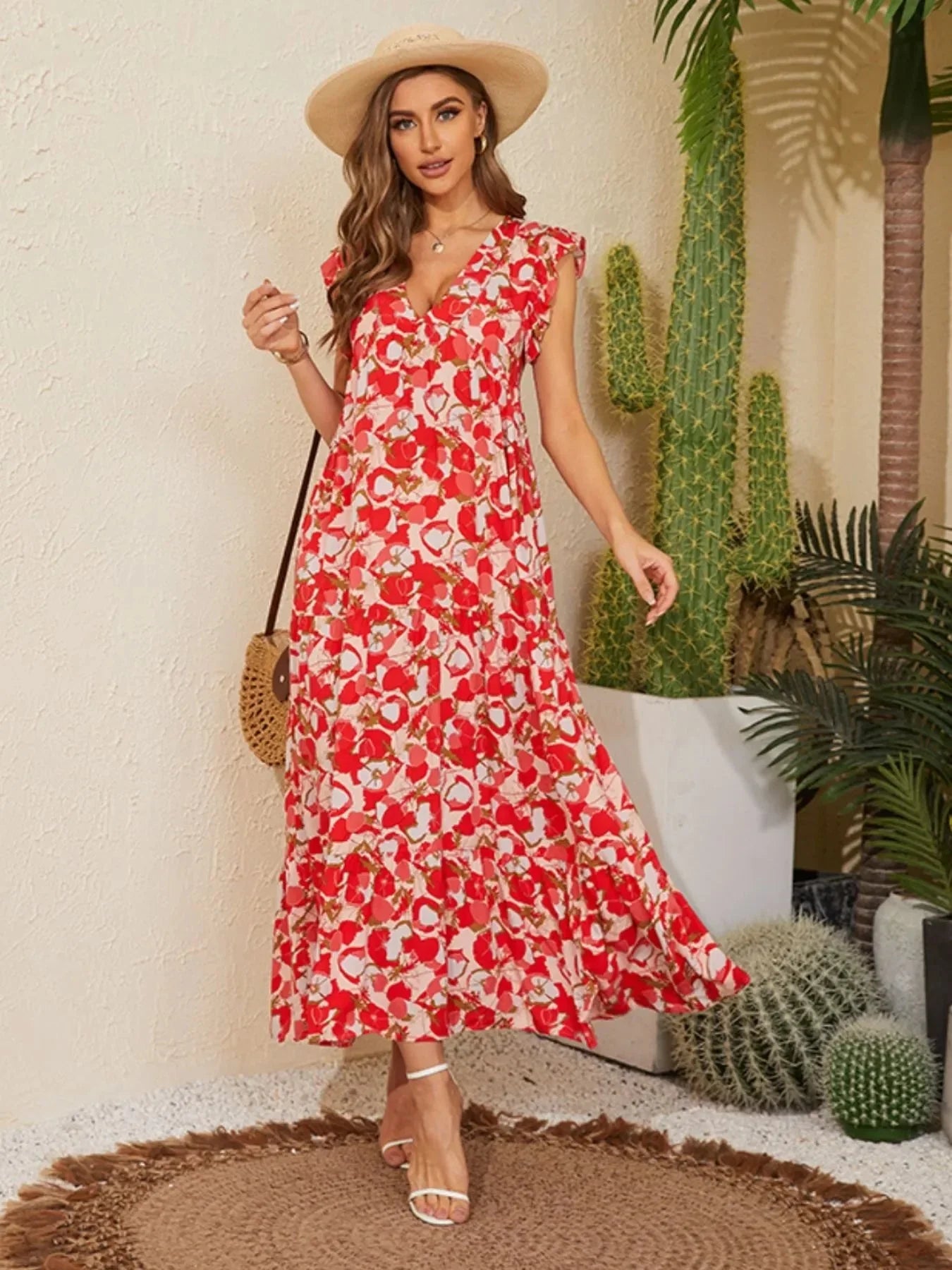 Floral V - Neck Cap Sleeve Summer Dress - VILLA FASHION
