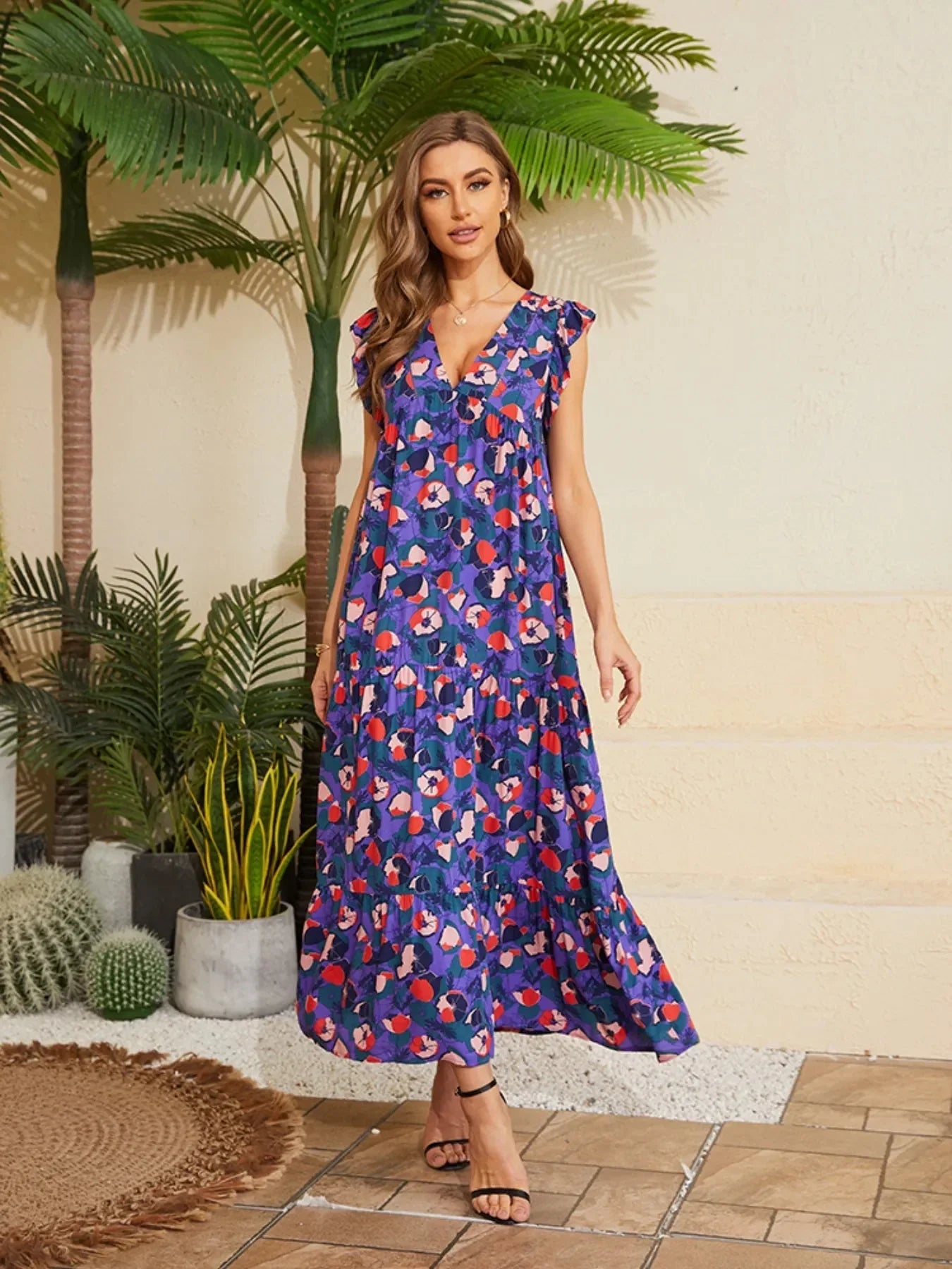 Floral V - Neck Cap Sleeve Summer Dress - VILLA FASHION