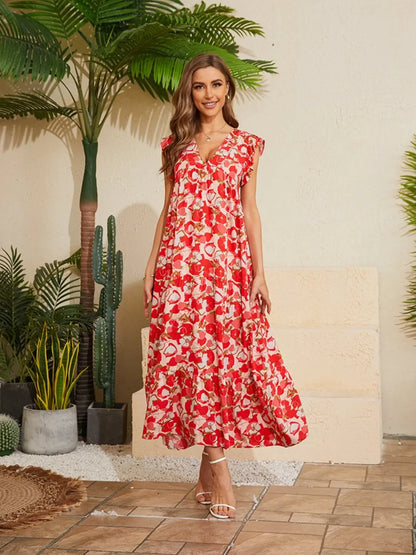 Floral V - Neck Cap Sleeve Summer Dress - VILLA FASHION