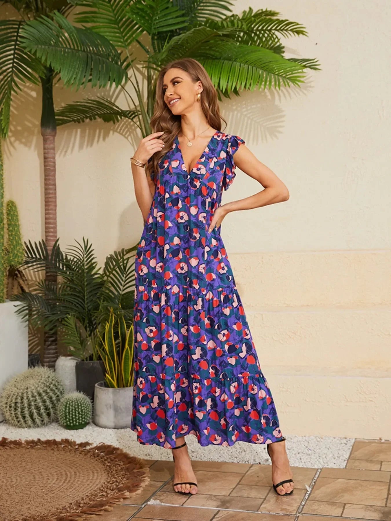 Floral V - Neck Cap Sleeve Summer Dress - VILLA FASHION