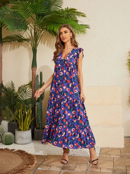 Floral V - Neck Cap Sleeve Summer Dress - VILLA FASHION