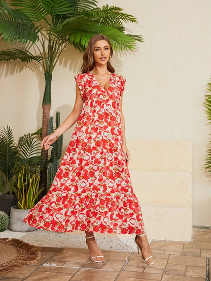 Floral V - Neck Cap Sleeve Summer Dress - VILLA FASHION