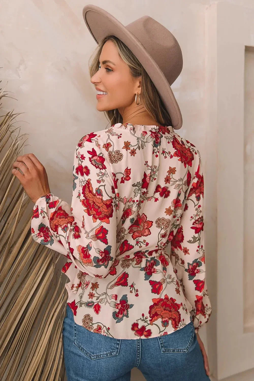 Floral V - Neck Drawstring Peplum Blouse - VILLA FASHION