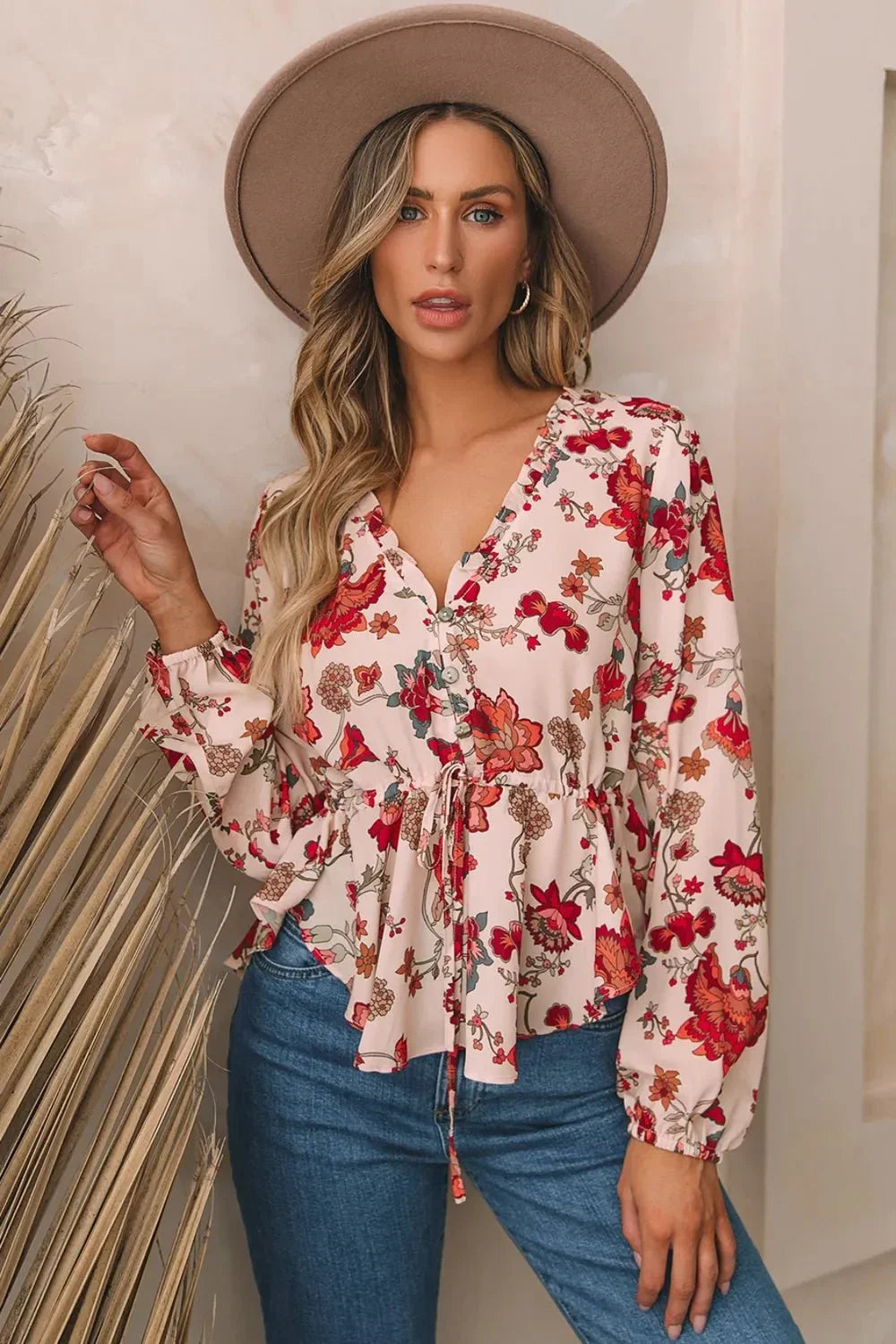 Floral V - Neck Drawstring Peplum Blouse - VILLA FASHION