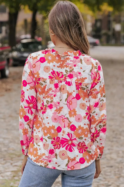 Floral V - Neck Frill Long Sleeve Blouse - VILLA FASHION