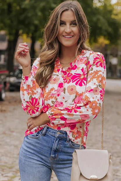 Floral V - Neck Frill Long Sleeve Blouse - VILLA FASHION